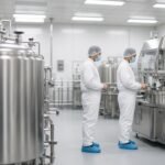 Two technicians in protective clothing beside stainless steel equipment in a clean manufacturing room