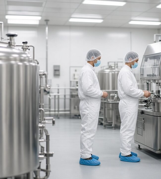 Two technicians in protective clothing beside stainless steel equipment in a clean manufacturing room