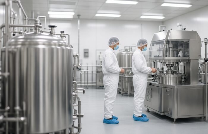 Two technicians in protective clothing beside stainless steel equipment in a clean manufacturing room