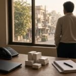 A trade office desk with sample cartons, a closed laptop, and a person looking out onto an Indian street