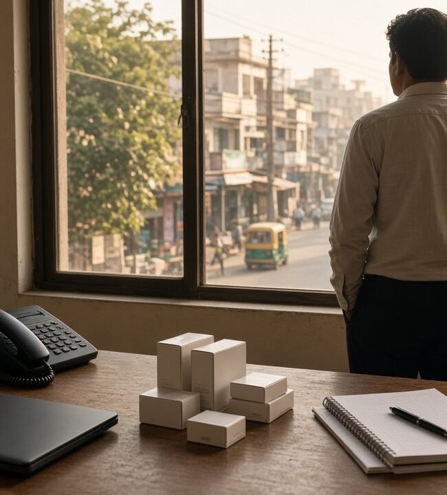 A trade office desk with sample cartons, a closed laptop, and a person looking out onto an Indian street
