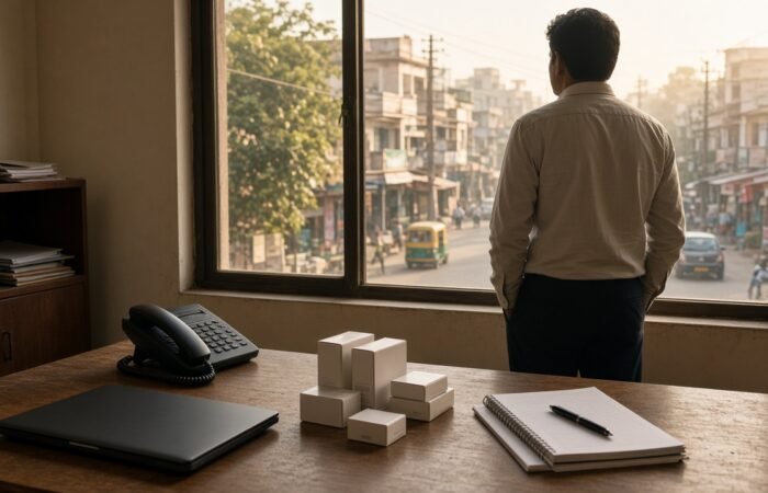 A trade office desk with sample cartons, a closed laptop, and a person looking out onto an Indian street