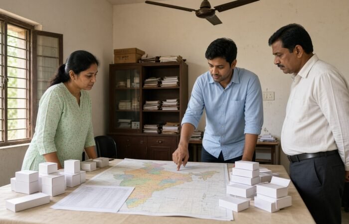 Three people in an office discussing a map of India with sample cartons on the table