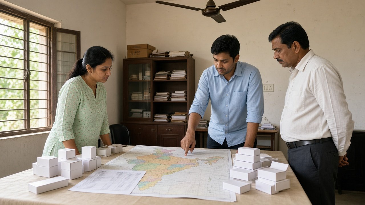 Three people in an office discussing a map of India with sample cartons on the table