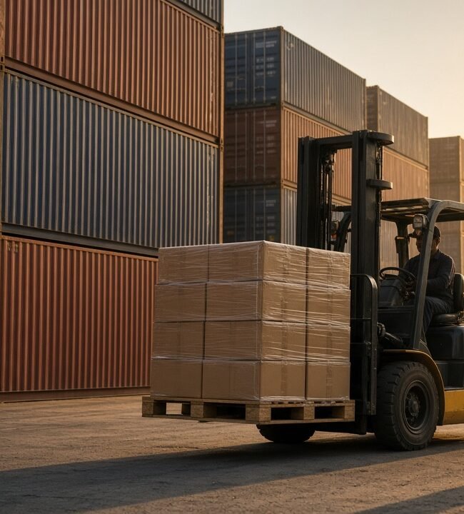 A forklift moving sealed cartons at a container port while a supervisor watches