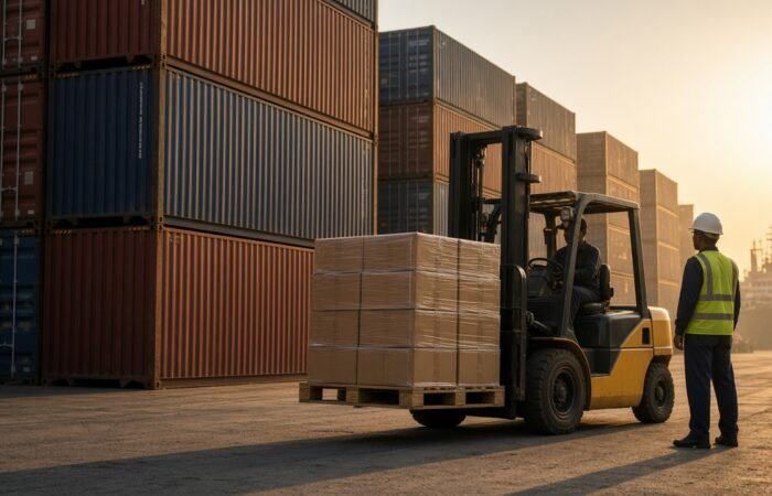 A forklift moving sealed cartons at a container port while a supervisor watches