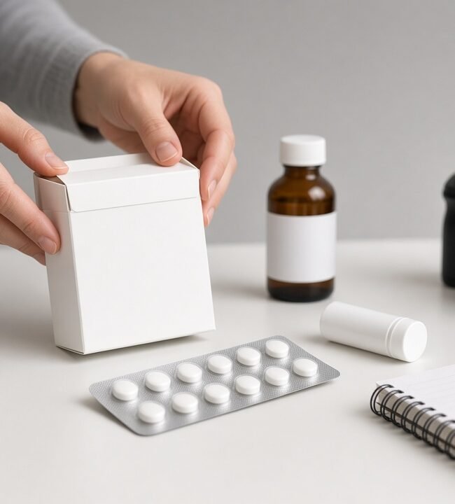 Unbranded medicine packs and a blister strip arranged on a studio table beside a camera