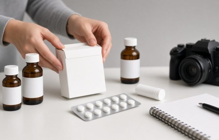 Unbranded medicine packs and a blister strip arranged on a studio table beside a camera