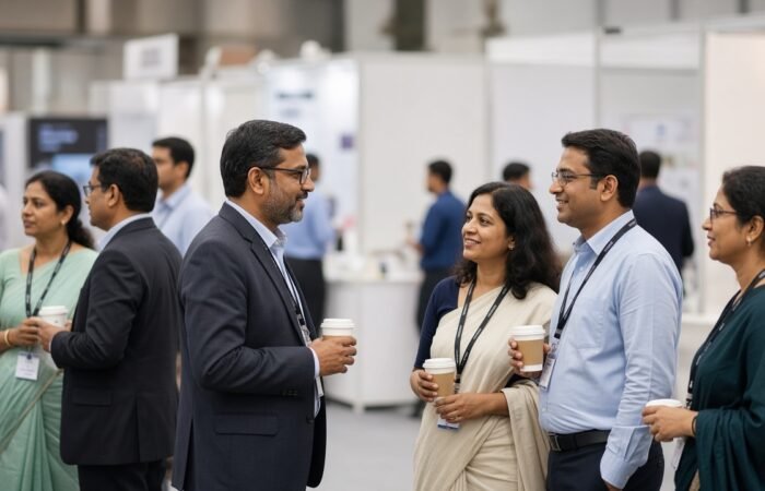 Healthcare professionals talking with coffee cups at an industry exhibition