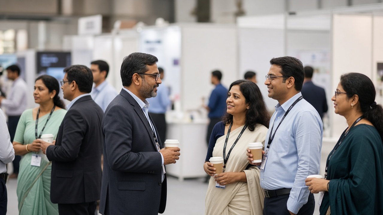 Healthcare professionals talking with coffee cups at an industry exhibition