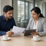 Two professionals in an office reviewing a printed proposal and a tablet