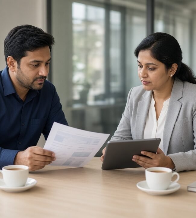 Two professionals in an office reviewing a printed proposal and a tablet