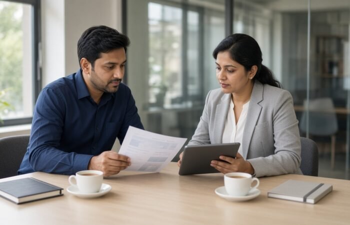 Two professionals in an office reviewing a printed proposal and a tablet