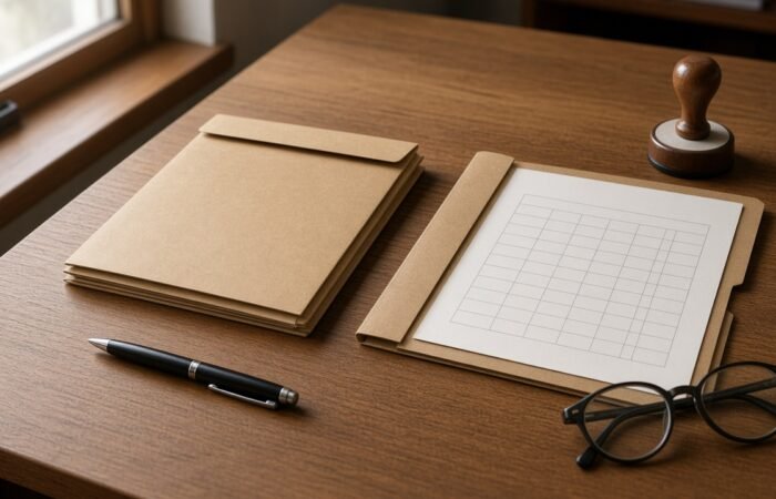 Kraft folders, a pen, and reading glasses on a wooden desk