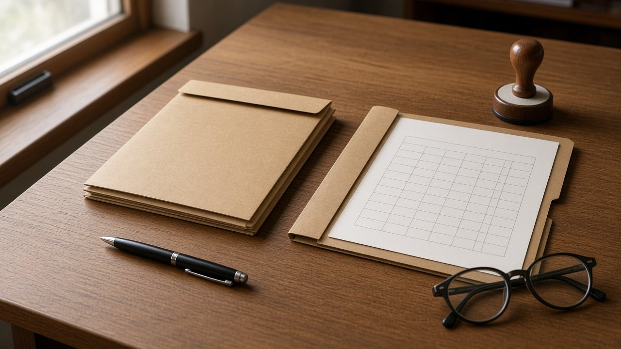 Kraft folders, a pen, and reading glasses on a wooden desk