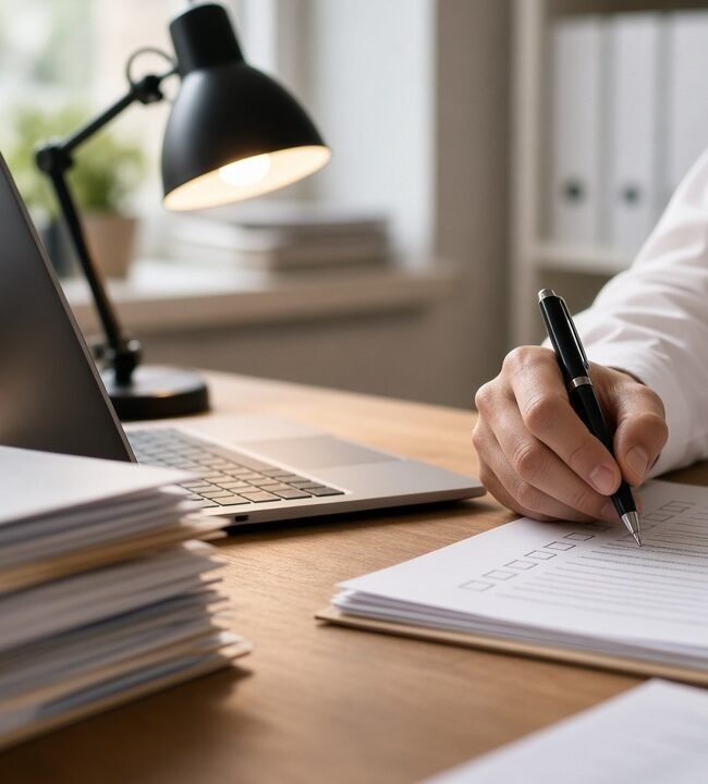 A person marking a checklist beside stacks of files and a laptop