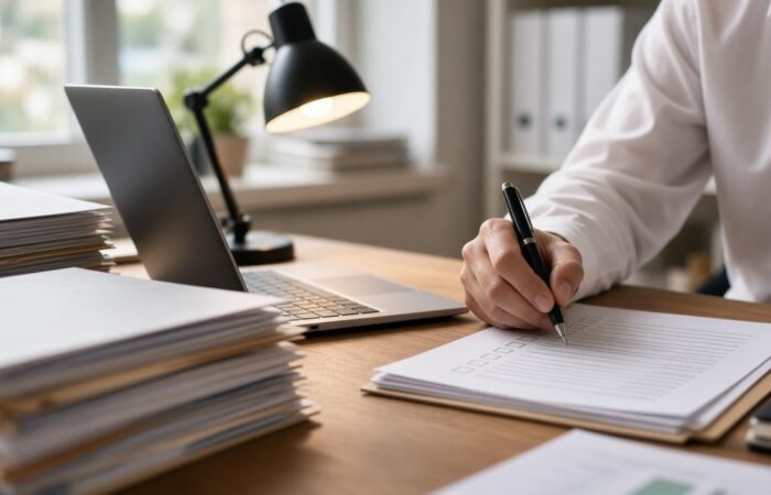 A person marking a checklist beside stacks of files and a laptop