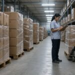 A warehouse supervisor checking cartons on pallets in a pharmaceutical store
