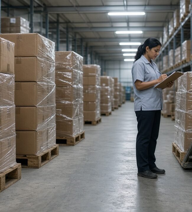 A warehouse supervisor checking cartons on pallets in a pharmaceutical store