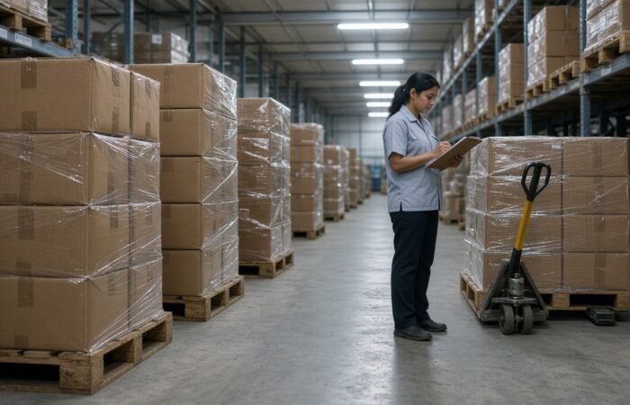 A warehouse supervisor checking cartons on pallets in a pharmaceutical store