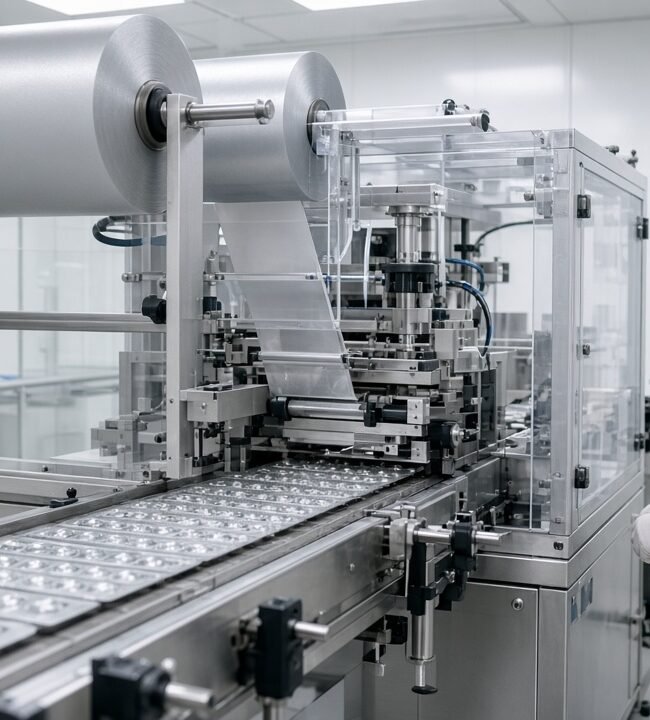 An operator watching a blister packing line in a pharmaceutical plant