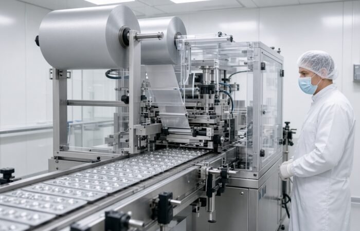 An operator watching a blister packing line in a pharmaceutical plant
